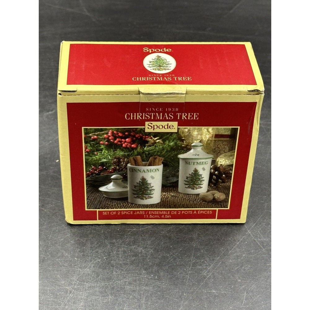 Spode Christmas Spice Jars 4.5" Tree Cinnamon & Nutmeg Set of 2